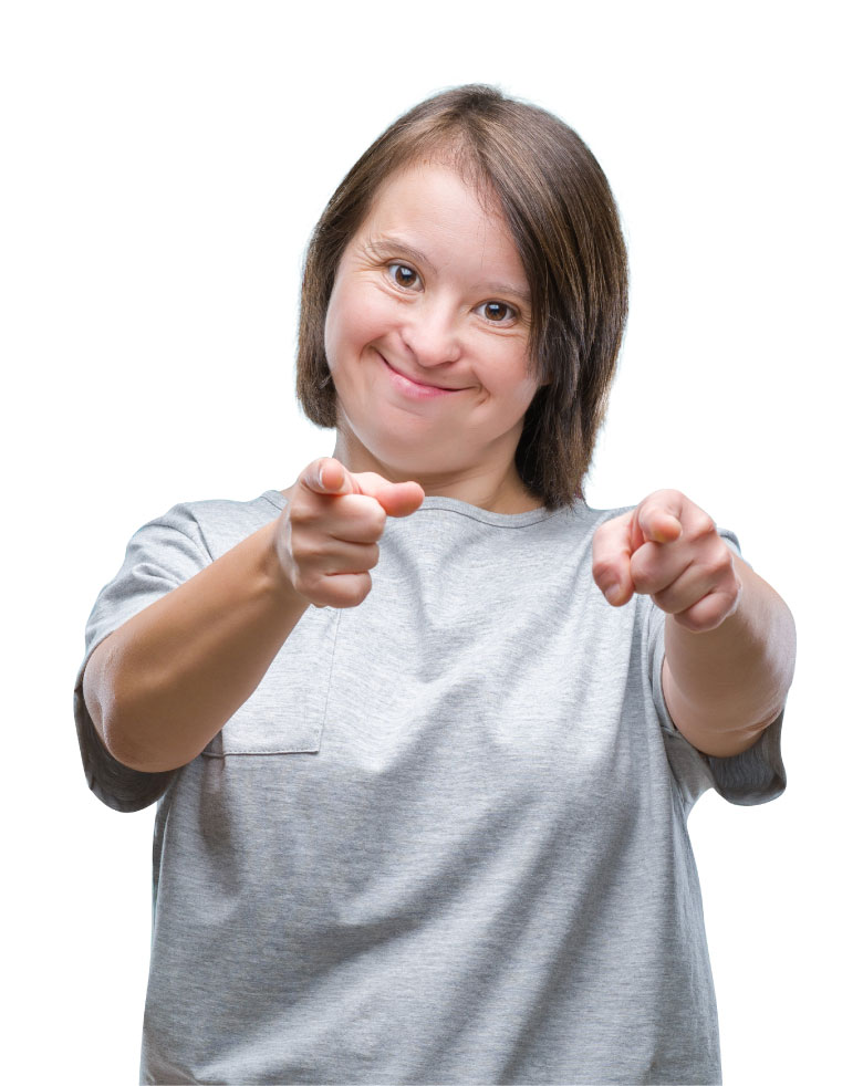Teenage girl with down syndrome pointing at you.